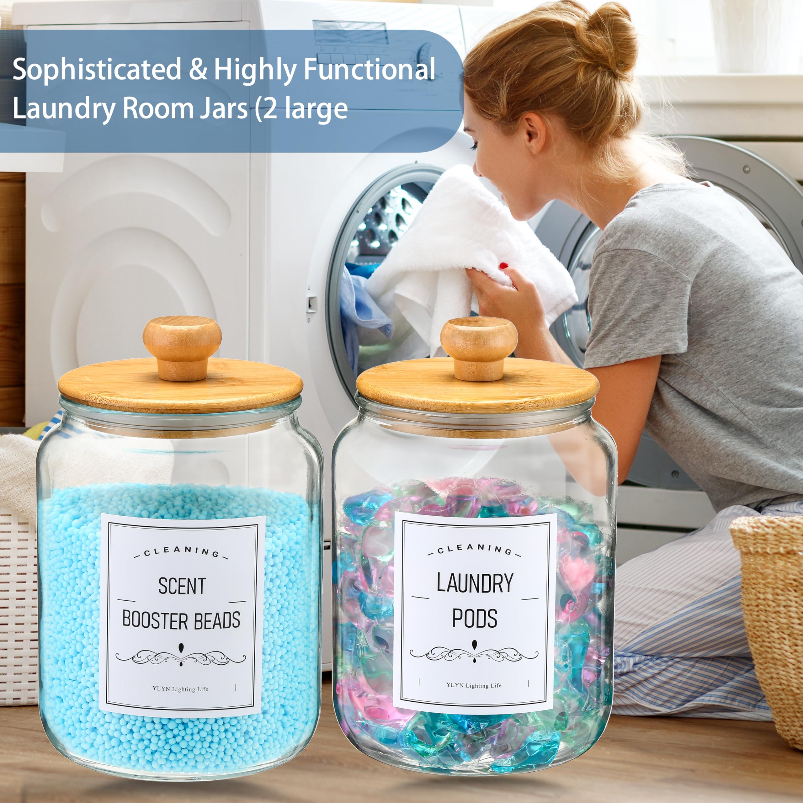 Laundry Pods Container With Airtight Bamboo Lid,Glass Jars for Laundry Room Organization Jar. Dishwasher pods container.1/2 Gallon Laundry Jars for Detergent Powder,Scent Boosters,Laundry Room Storage