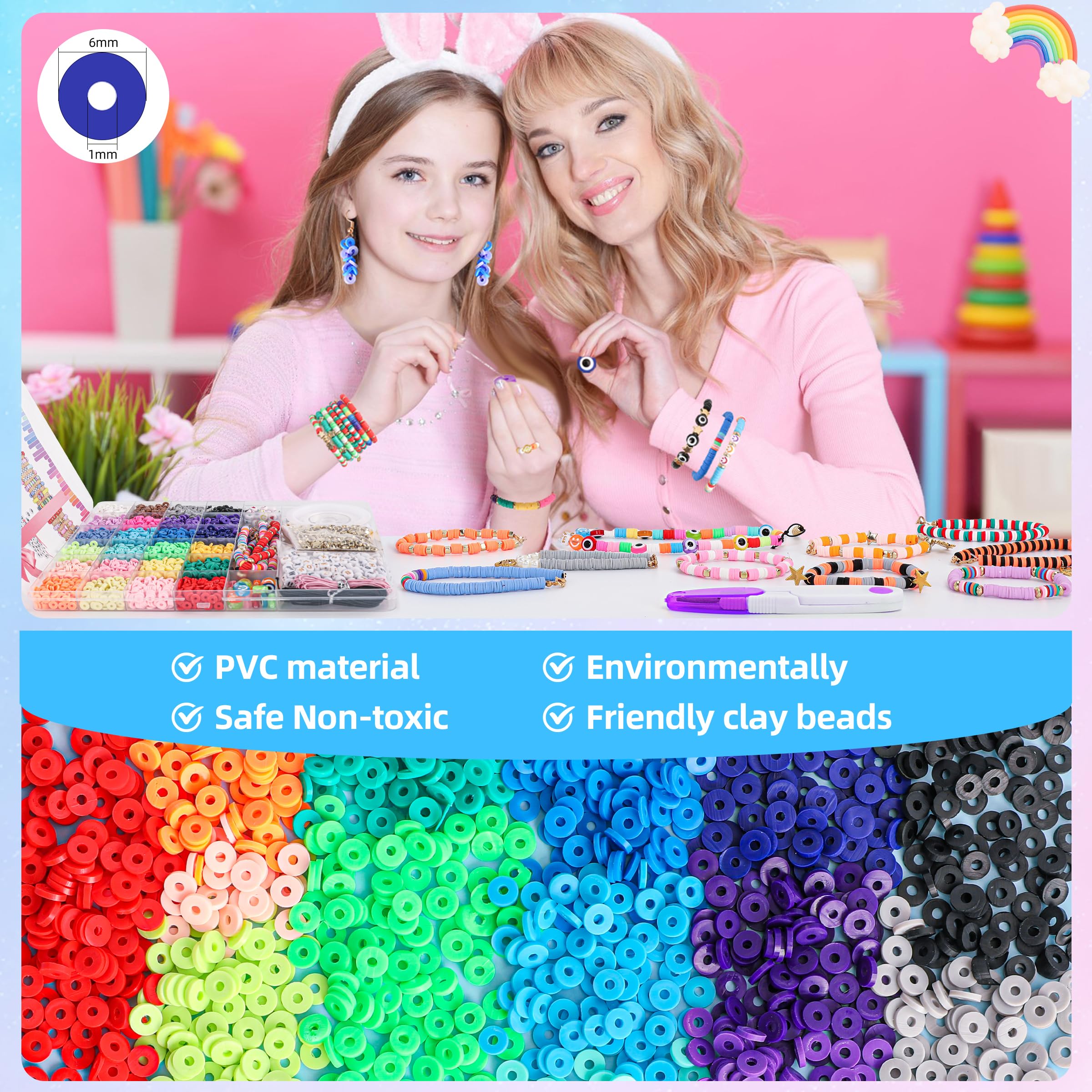 5800 PCS Clay Beads Bracelet Making Kit, 24 Colors Flat Preppy Beads for Friendship Jewelry Making, Polymer Heishi Beads with Charms DIY Arts and Crafts Birthday Gifts Toys for Teen Girls Age 6+