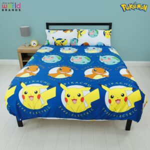 Character World Pokemon Official Double Duvet Cover Set, Gotta Design | Blue Reversible Pikachu Squirtle Charmander 2 Sided Bedding Cover Official Merchandise Including Matching Pillow Cases