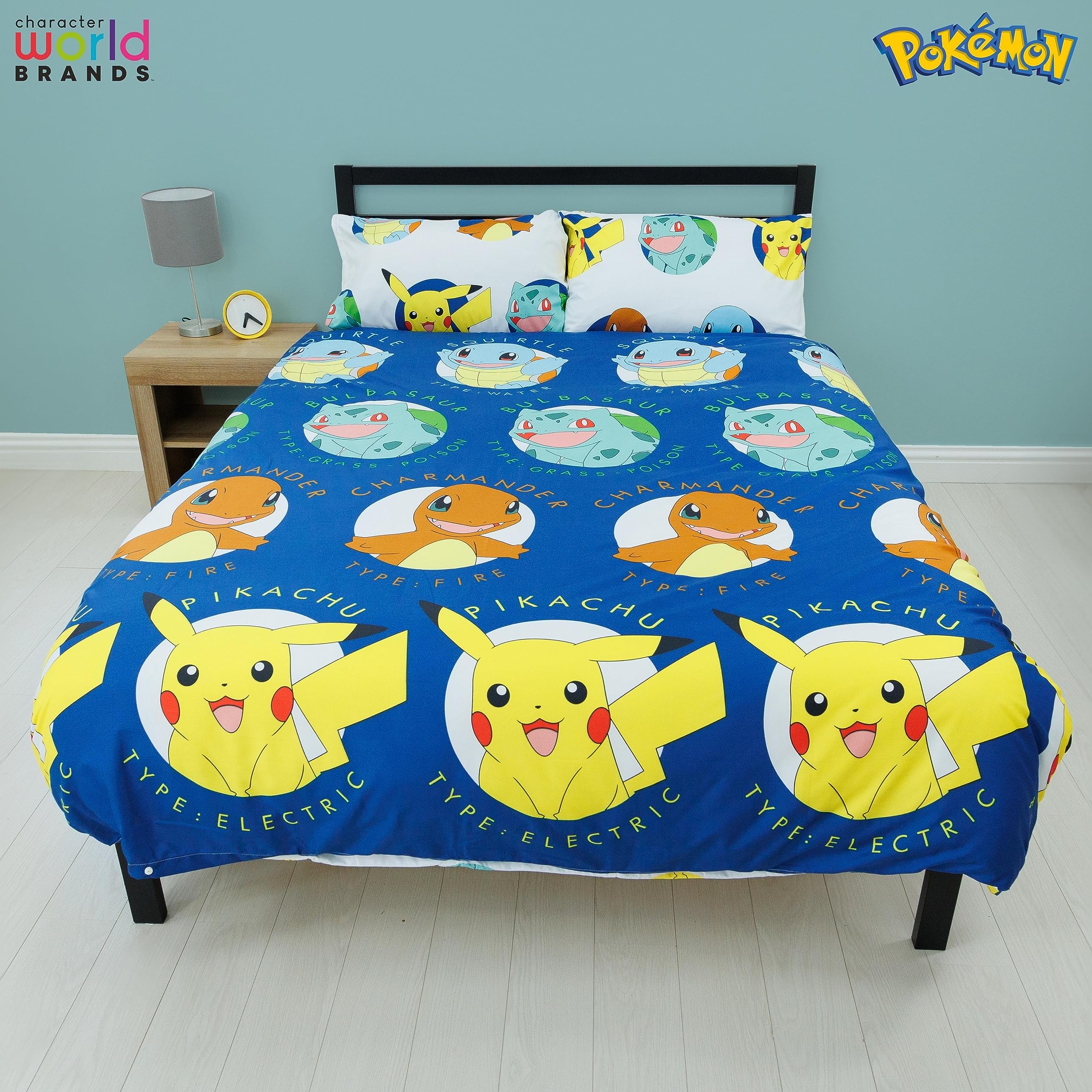 Character World Pokemon Official Double Duvet Cover Set, Gotta Design | Blue Reversible Pikachu Squirtle Charmander 2 Sided Bedding Cover Official Merchandise Including Matching Pillow Cases