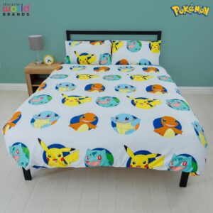 Character World Pokemon Official Double Duvet Cover Set, Gotta Design | Blue Reversible Pikachu Squirtle Charmander 2 Sided Bedding Cover Official Merchandise Including Matching Pillow Cases