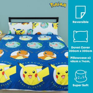 Character World Pokemon Official Double Duvet Cover Set, Gotta Design | Blue Reversible Pikachu Squirtle Charmander 2 Sided Bedding Cover Official Merchandise Including Matching Pillow Cases