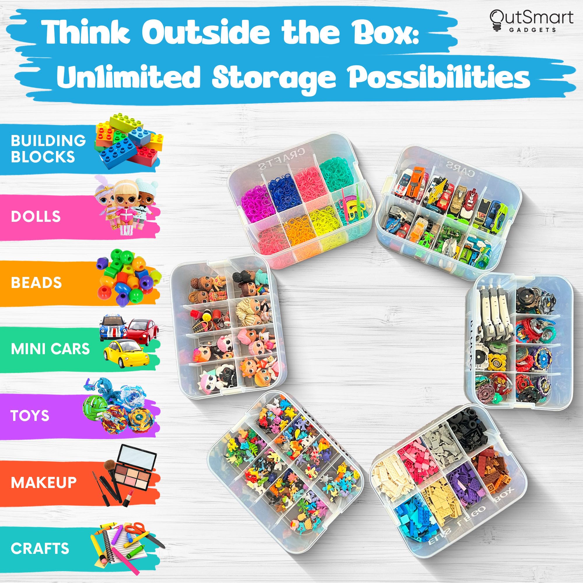 Outsmart Gadgets Plastic Stackable Toy Storage Organizer Bin for Lego, Building Bricks, Dolls and Crafts Organization, 3 Layers with Adjustable Compartments,ABC Stickers and 2 Lids Included