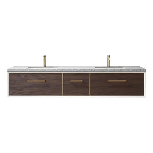 VINNOVA Caparroso 84" Double Sink Bath Vanity in Dark Walnut w/Grey Sintered Stone Top