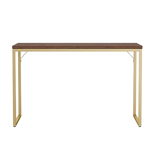 Martha Stewart Noah Home Office Parsons Desk in Walnut Wood Grain with Polished Brass Metal Frame