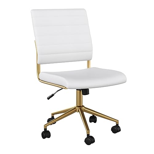 Martha Stewart Ivy Armless Swivel Task Chair for Home Office in White Faux Leather with Polished Brass Frame