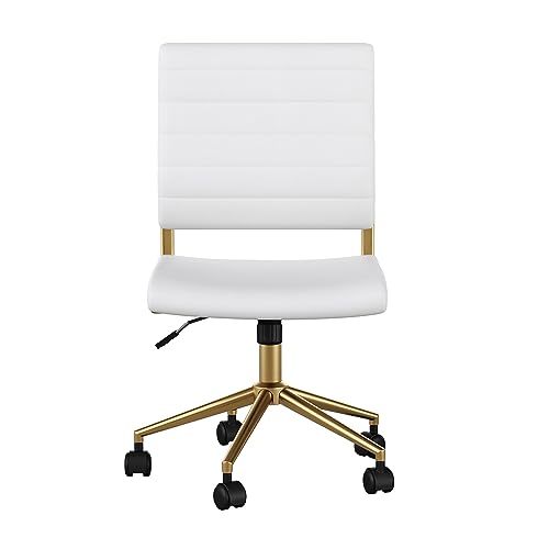 Martha Stewart Ivy Armless Swivel Task Chair for Home Office in White Faux Leather with Polished Brass Frame