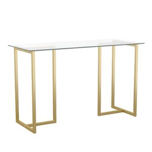 martha stewart eli home office desk with glass top and steel frame, polished brass