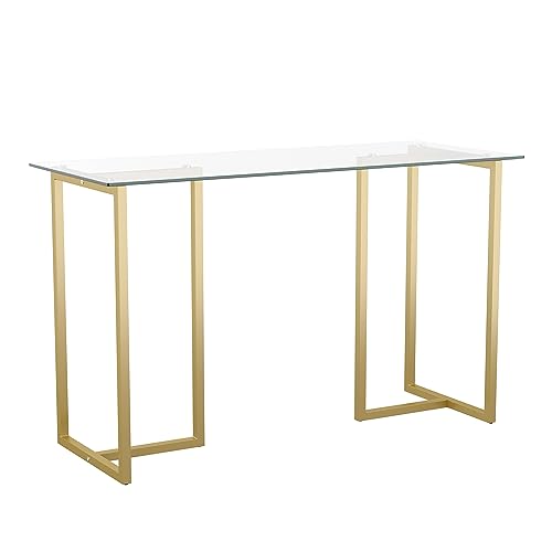 Martha Stewart Eli Home Office Desk with Glass Top and Steel Frame, Polished Brass