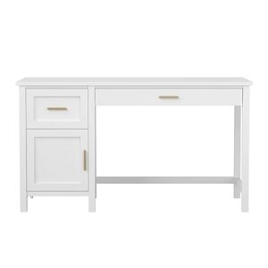 Martha Stewart Hutton Shaker Style Home Office Desk with Storage in White with Polished Brass Hardware