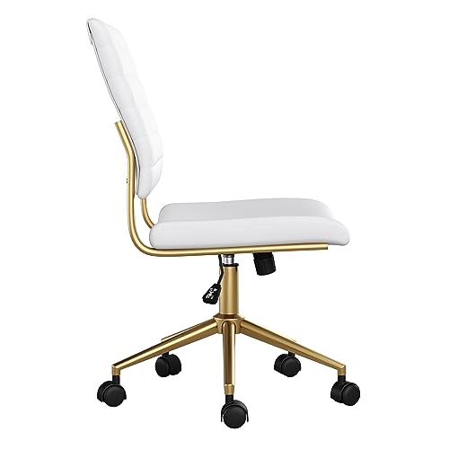 Martha Stewart Ivy Armless Swivel Task Chair for Home Office in White Faux Leather with Polished Brass Frame