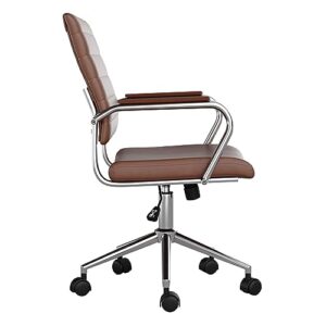 Martha Stewart Piper Swivel Task Chair with Armrests for Home Office in Saddle Brown Faux Leather with Polished Nickel Frame