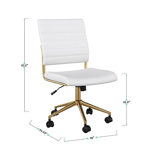 Martha Stewart Ivy Armless Swivel Task Chair for Home Office in White Faux Leather with Polished Brass Frame