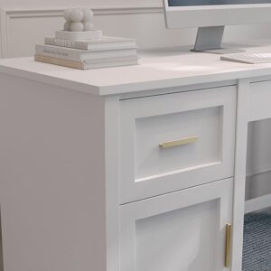 Martha Stewart Hutton Shaker Style Home Office Desk with Storage in White with Polished Brass Hardware