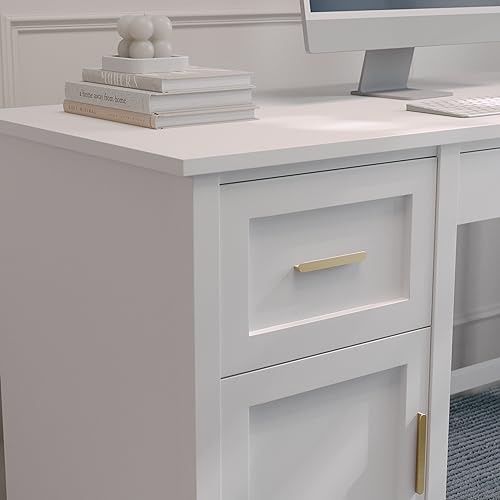 Martha Stewart Hutton Shaker Style Home Office Desk with Storage in White with Polished Brass Hardware