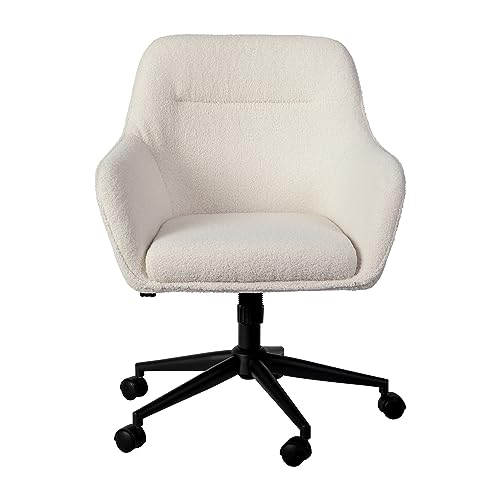 Martha Stewart Rayna Swivel Task Chair with Flared Arms for Home Office in White Boucle with Oil Rubbed Bronze Frame