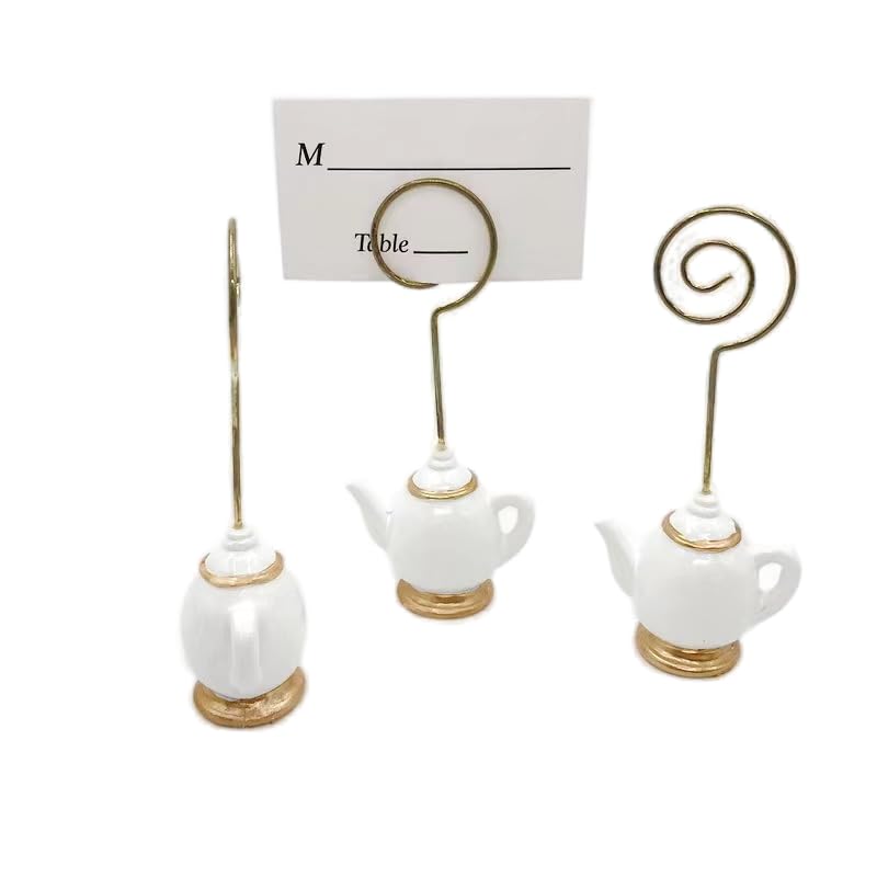 AMERRY 10Pcs Teapot Table Card Holder，Place Card Holders, Table Number Holder，Photo Holders, Party Favors, Wedding Decorations ，Delicious Afternoon Tea, Delicious Breakfast teapot(Golden and White)