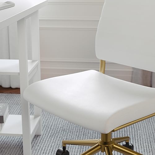 Martha Stewart Ivy Armless Swivel Task Chair for Home Office in White Faux Leather with Polished Brass Frame