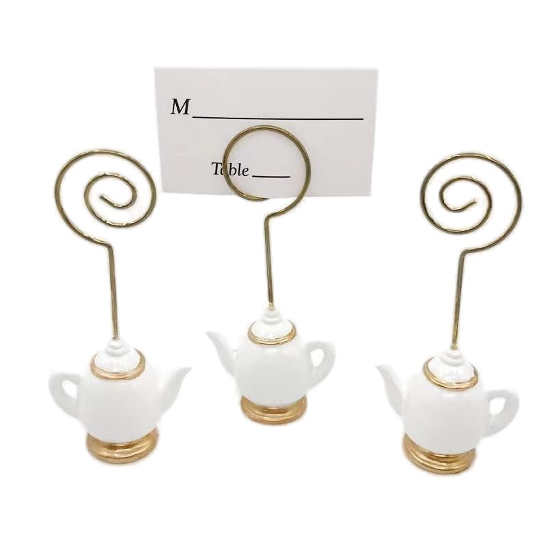 AMERRY 10Pcs Teapot Table Card Holder，Place Card Holders, Table Number Holder，Photo Holders, Party Favors, Wedding Decorations ，Delicious Afternoon Tea, Delicious Breakfast teapot(Golden and White)