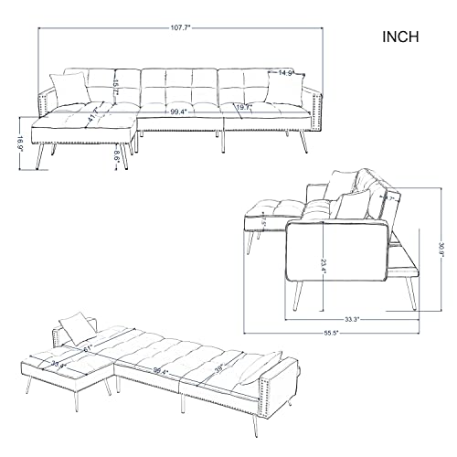 L-Shaped Velvet Upholstery Tufted Corner Sectional Sofa Convertible Sleeper Couch Bed with Reversible Chaise ,Nailhead Decor ,Pillows & Movable Ottoman & for Home Apartment Office Living Room ,Black