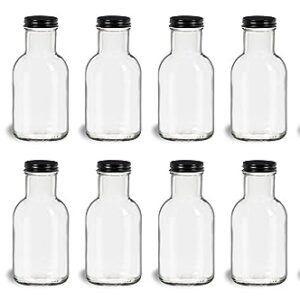 North Mountain Supply 8 Ounce Glass Stout Sauce Bottle - with 38mm Black Metal Lids - Case of 12