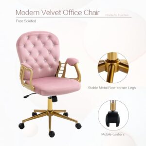 cayglow Velvet Home Office Desk Chair Comfy with Gold Legs and Arms, Comfortable Makeup Vanity Chair with Back and Wheels, Button Tufted Armchair Swivel Rolling Chair for Girls Women Bedroom,Pink