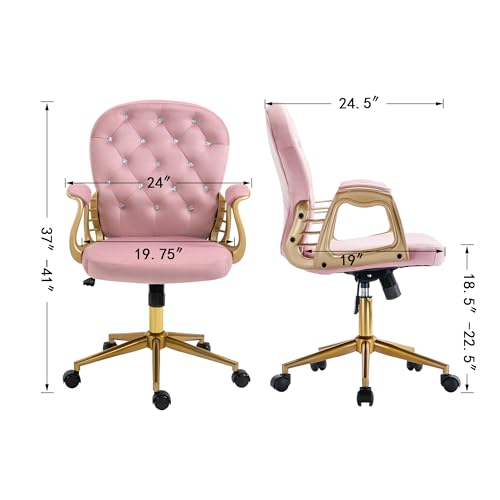 cayglow Velvet Home Office Desk Chair Comfy with Gold Legs and Arms, Comfortable Makeup Vanity Chair with Back and Wheels, Button Tufted Armchair Swivel Rolling Chair for Girls Women Bedroom,Pink