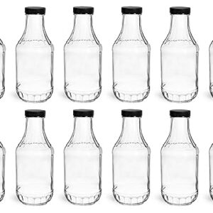 North Mountain Supply 16 Ounce Glass Sauce Bottle - with 38mm Black Plastic Lids - Case of 12