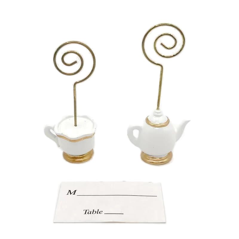 AMERRY 10Pcs Teapot Table Card Holder，Place Card Holders, Table Number Holder，Photo Holders, Party Favors, Wedding Decorations ，Delicious Afternoon Tea, Delicious Breakfast teapot(Golden and White)