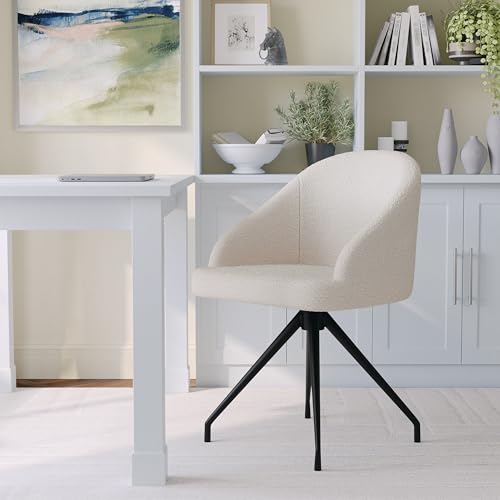 Martha Stewart Sora Stationary Swivel Task Chair with Sloped Arms for Home Office in White Boucle with Oil Rubbed Bronze Frame