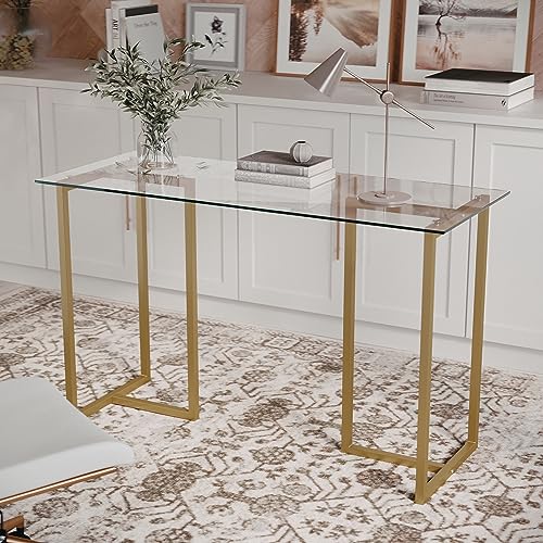 Martha Stewart Eli Home Office Desk with Glass Top and Steel Frame, Polished Brass