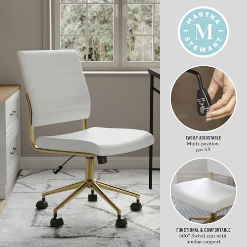 Martha Stewart Ivy Armless Swivel Task Chair for Home Office in White Faux Leather with Polished Brass Frame