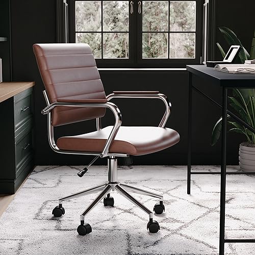 Martha Stewart Piper Swivel Task Chair with Armrests for Home Office in Saddle Brown Faux Leather with Polished Nickel Frame