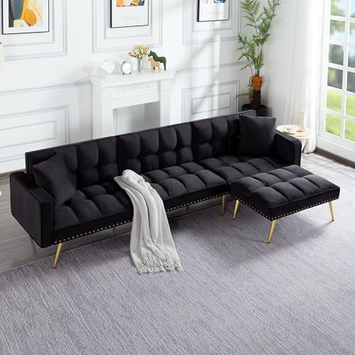 L-Shaped Velvet Upholstery Tufted Corner Sectional Sofa Convertible Sleeper Couch Bed with Reversible Chaise ,Nailhead Decor ,Pillows & Movable Ottoman & for Home Apartment Office Living Room ,Black