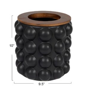 Creative Co-Op Round Stoneware Waste Raised Dots and Removable Acacia Wood Rim, Matte Black and Natural, Set of 2 Bin