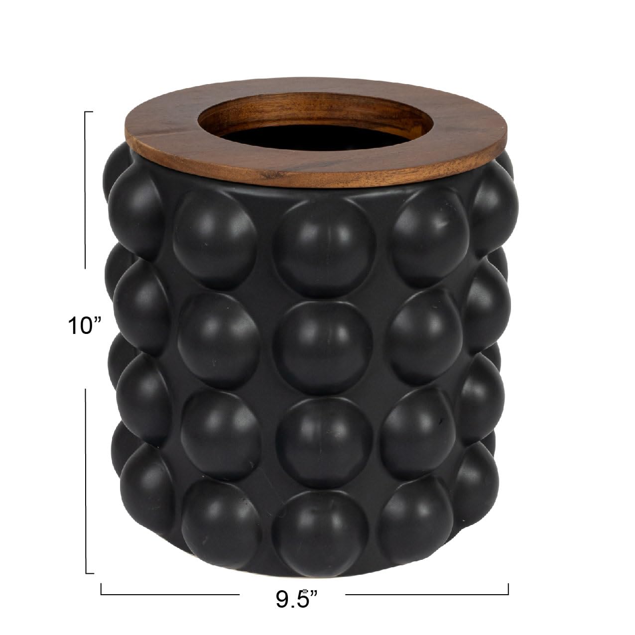 Creative Co-Op Round Stoneware Waste Raised Dots and Removable Acacia Wood Rim, Matte Black and Natural, Set of 2 Bin