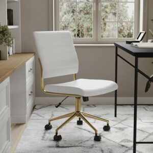 Martha Stewart Ivy Armless Swivel Task Chair for Home Office in White Faux Leather with Polished Brass Frame