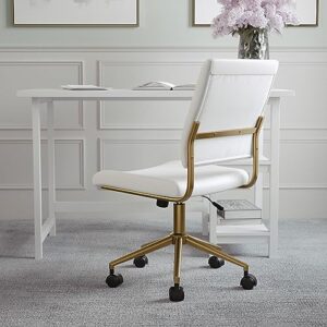 Martha Stewart Ivy Armless Swivel Task Chair for Home Office in White Faux Leather with Polished Brass Frame