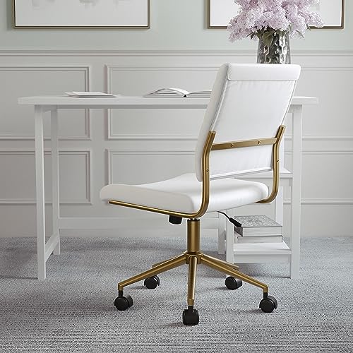 Martha Stewart Ivy Armless Swivel Task Chair for Home Office in White Faux Leather with Polished Brass Frame