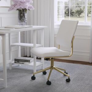 Martha Stewart Ivy Armless Swivel Task Chair for Home Office in White Faux Leather with Polished Brass Frame