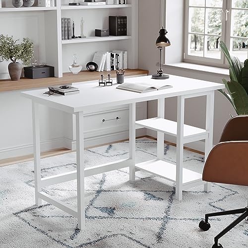 Martha Stewart Beckett Modern Trestle Desk with Open Side Shelving in White Wood Grain Finish