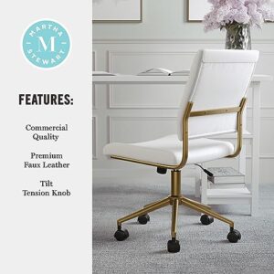 Martha Stewart Ivy Armless Swivel Task Chair for Home Office in White Faux Leather with Polished Brass Frame