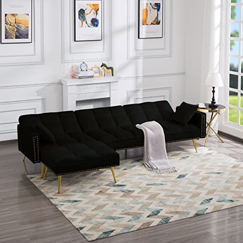 L-Shaped Velvet Upholstery Tufted Corner Sectional Sofa Convertible Sleeper Couch Bed with Reversible Chaise ,Nailhead Decor ,Pillows & Movable Ottoman & for Home Apartment Office Living Room ,Black