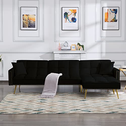 L-Shaped Velvet Upholstery Tufted Corner Sectional Sofa Convertible Sleeper Couch Bed with Reversible Chaise ,Nailhead Decor ,Pillows & Movable Ottoman & for Home Apartment Office Living Room ,Black