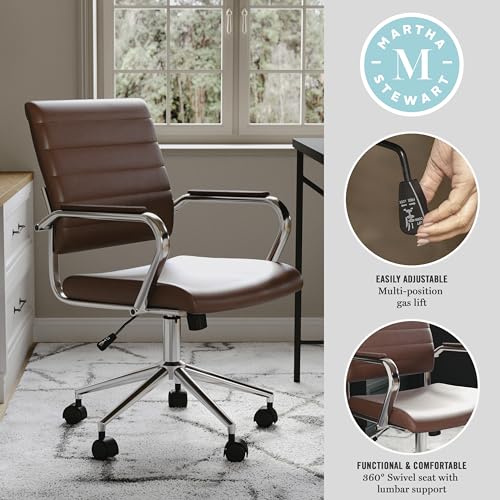 Martha Stewart Piper Swivel Task Chair with Armrests for Home Office in Saddle Brown Faux Leather with Polished Nickel Frame