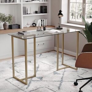 Martha Stewart Eli Home Office Desk with Glass Top and Steel Frame, Polished Brass