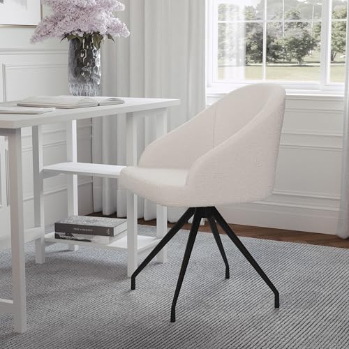 Martha Stewart Sora Stationary Swivel Task Chair with Sloped Arms for Home Office in White Boucle with Oil Rubbed Bronze Frame