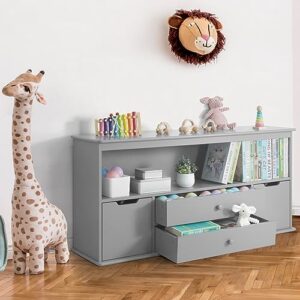 caphaus toy storage organizer with 4 drawers, 52”w x 13”d x 24.4”h, grey, toy organizer bins, toy storage organizer bins with shelf, bookshelf for reading, storing, playing, for kids, boys and girls