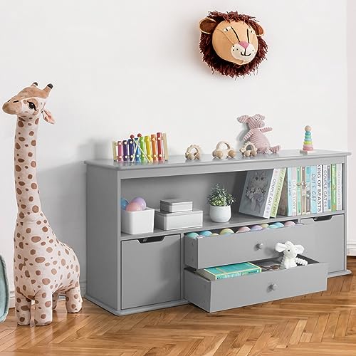 CAPHAUS Toy Storage Organizer with 4 Drawers, 52”W x 13”D x 24.4”H, Grey, Toy Organizer Bins, Toy Storage Organizer Bins with Shelf, Bookshelf for Reading, Storing, Playing, for Kids, Boys and Girls