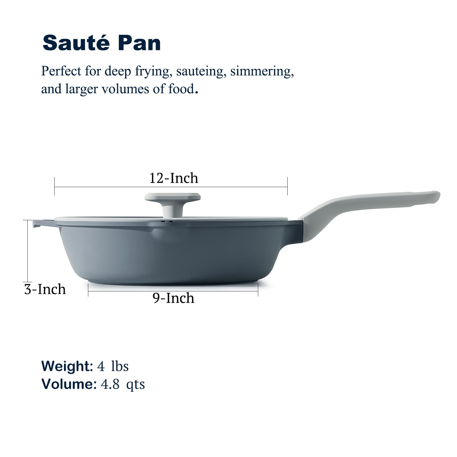 PRICUSIS Nonstick Ceramic Sauté Pan with Lid (4.8 qt, 12 inch), Toxin-Free Deep Frying Pan, Versatile Non Stick Frying Pan, Skillet, PTFE, PFOA & PFAS Free, Compatible with All Stovetops.